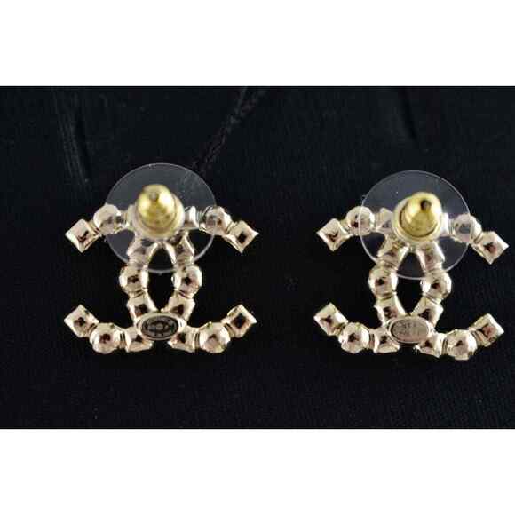Chanel 22P Gold Black Crystal Pearl CC Logo Large Dangle Statement Stud Earrings - Picture 11 of 12